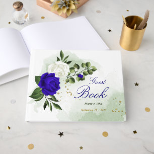 elegant royal blue white flowers greenery wedding guest book