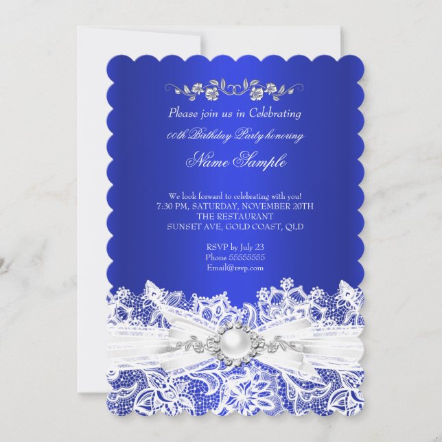 Elegant Royal Blue White Lace Jewel Bow Birthday Invitation (Front)