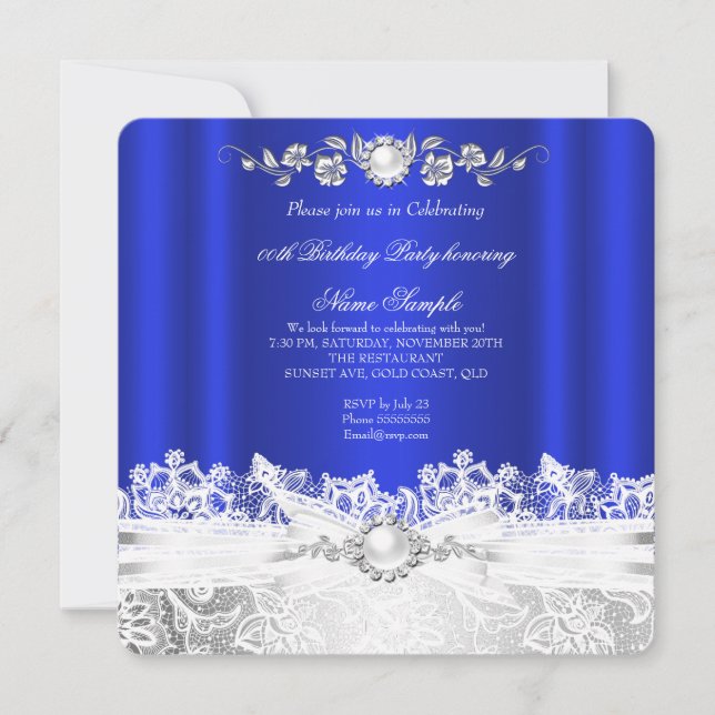 Elegant Royal Blue White Lace Jewel Bow Birthday Invitation (Front)
