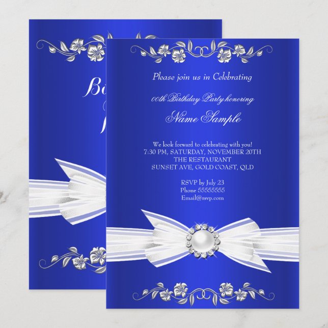 Elegant Royal Blue White Pearl Jewel Bow Birthday Invitation (Front/Back)