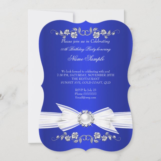Elegant Royal Blue White Pearl Jewel Bow Birthday Invitation (Front)