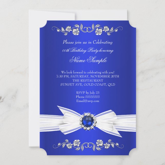 Elegant Royal Blue White Pearl Jewel Bow Birthday Invitation (Front)