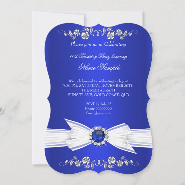 Elegant Royal Blue White Pearl Jewel Bow Birthday Invitation (Front)