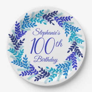 Elegant Royal Blue Wreath 100th Birthday Paper Plate