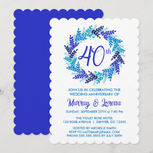 Elegant Royal Blue Wreath 40th Wedding Anniversary Invitation