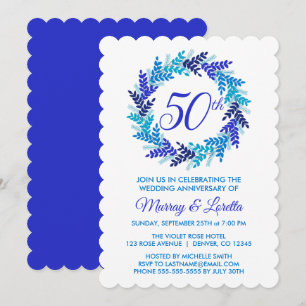 Elegant Royal Blue Wreath 50th Wedding Anniversary Invitation