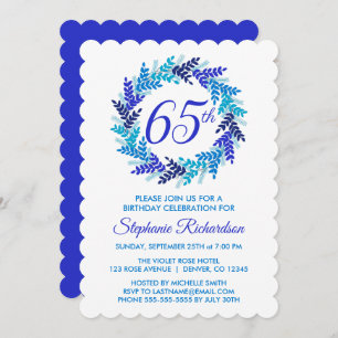 Elegant Royal Blue Wreath 65th Birthday Invitation