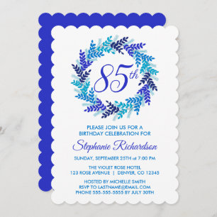 Elegant Royal Blue Wreath 85th Birthday Party Invitation
