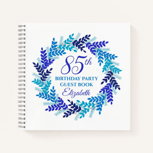 Elegant Royal Blue Wreath 85th Birthday Party Notebook (Front)