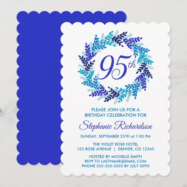 Elegant Royal Blue Wreath 95th Birthday Party Invitation (Front/Back)