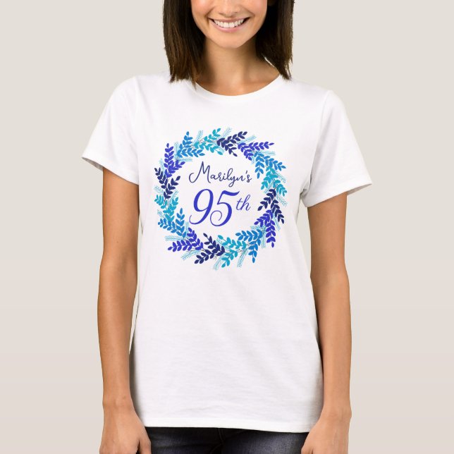Elegant Royal Blue Wreath Monogram 95th Birthday T-Shirt (Front)