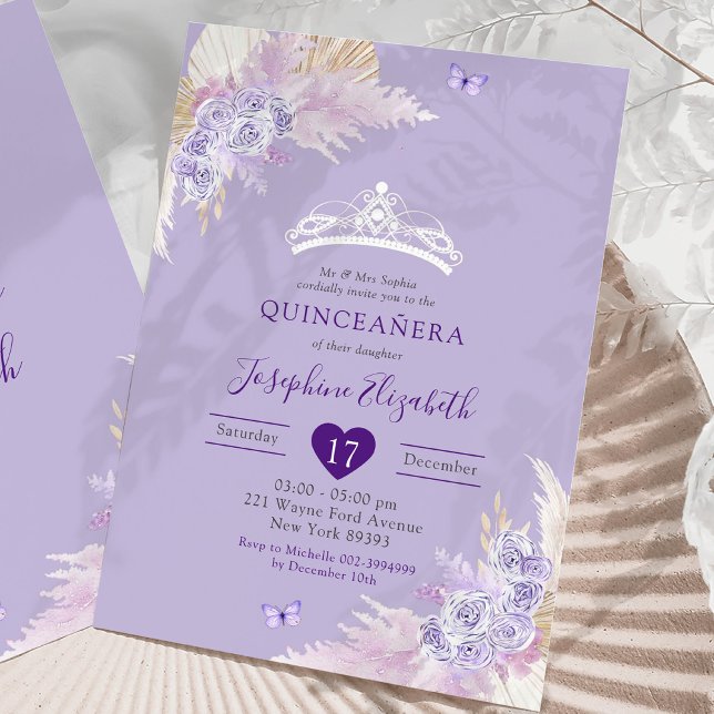 Elegant Royal Boho Lilac Floral Mis Quince Años Invitation (Creator Uploaded)