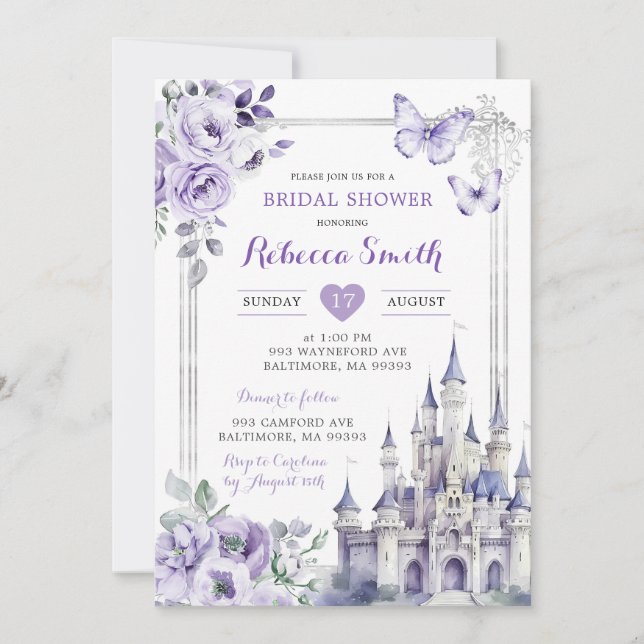 Elegant Royal Castle Silver Purple Bridal Shower Invitation (Front)