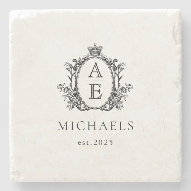 Elegant, Royal Crest Monogram Black and White  Stone Coaster (Front)