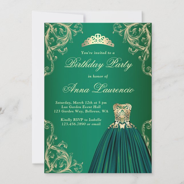 Elegant Royal Decorative Green And Gold Birthday Invitation (Front)