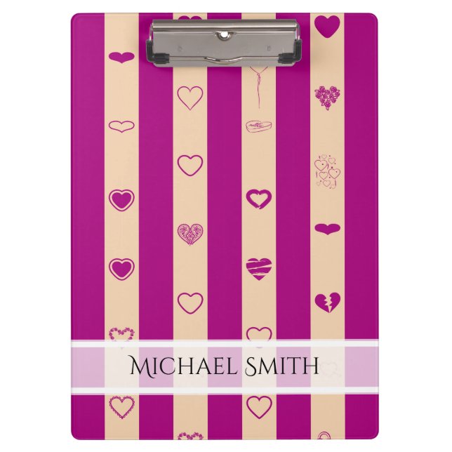 Elegant Royal Fuchsia Stripe Modern Heart Pattern Clipboard (Front)