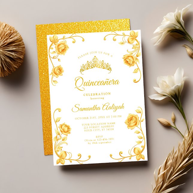 Elegant Royal Golden Floral Quinceañera Invitation (Creator Uploaded)