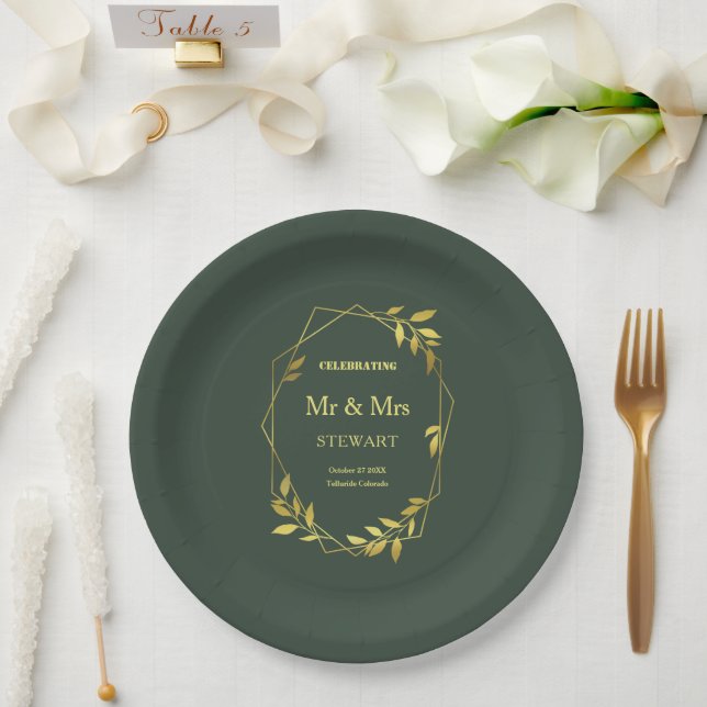 Elegant Royal Green Minimalist Botanical Wedding Paper Plate (Wedding)