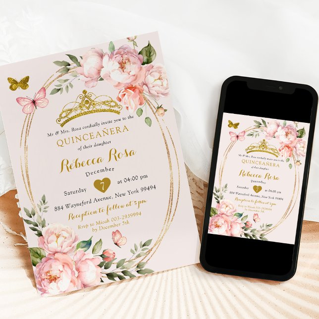 Elegant Royal Light Pink Gold Butterfly Mis Quince Invitation (Creator Uploaded)