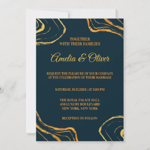 Elegant Royal Navy Blue and Gold Wedding Invitation