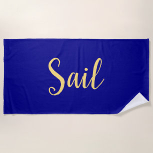 Elegant Royal Navy Blue Fancy "Sail" Script Text Beach Towel
