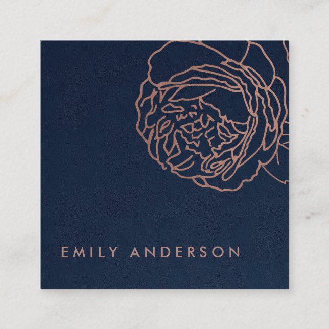 ELEGANT ROYAL NAVY BLUSH PINK ROSE GOLD FLORAL SQUARE BUSINESS CARD (Front)