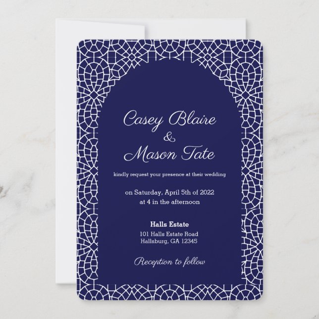 Elegant Royal Navy Mosaic Wedding Invitation  (Front)