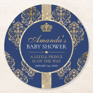 Elegant Royal Prince Baby Shower Round Paper Coaster