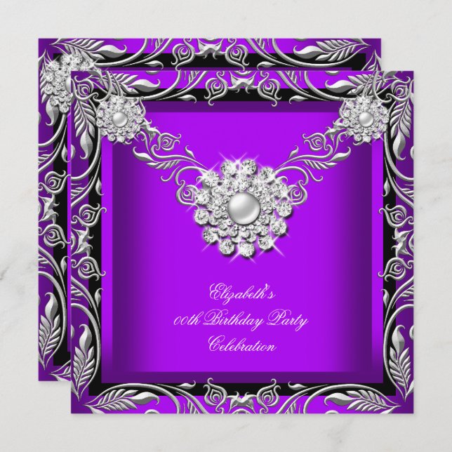 Elegant Royal Purple Black Silver Birthday Party Invitation (Front/Back)
