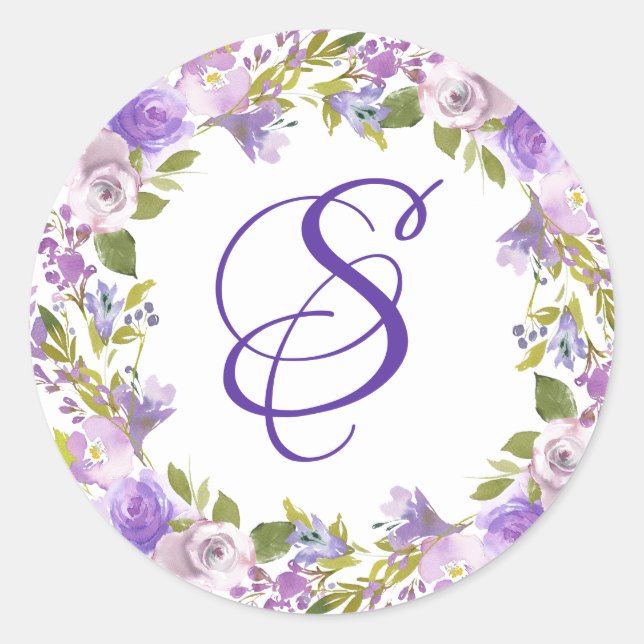 Elegant Royal Purple Floral Monogram Envelope Seal (Front)