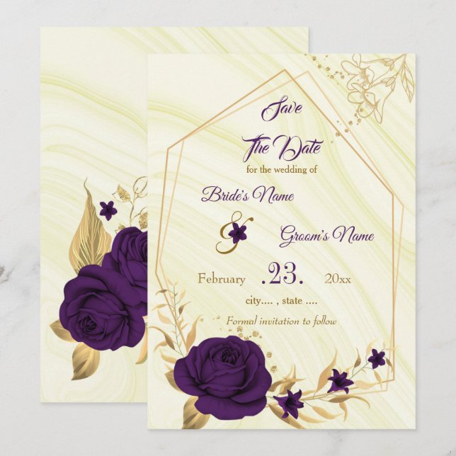 elegant royal purple gold floral save the date (Front/Back)