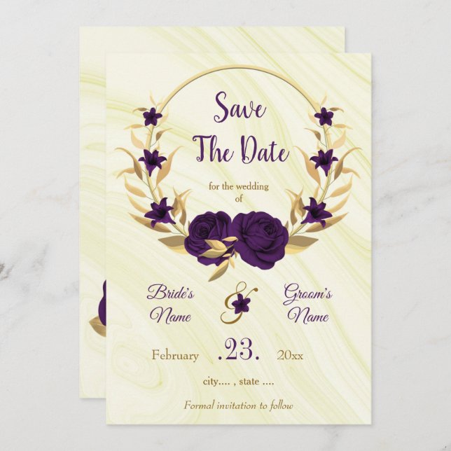 elegant royal purple gold floral wreath save the date (Front/Back)