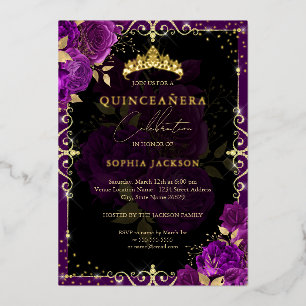 Elegant Royal Purple Gold Rose Quinceanera