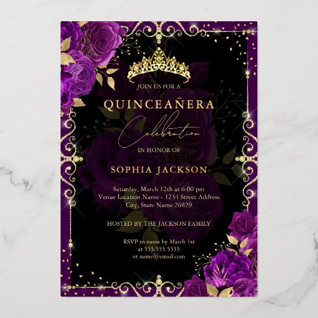 Elegant Royal Purple Gold Rose Quinceanera (Front)