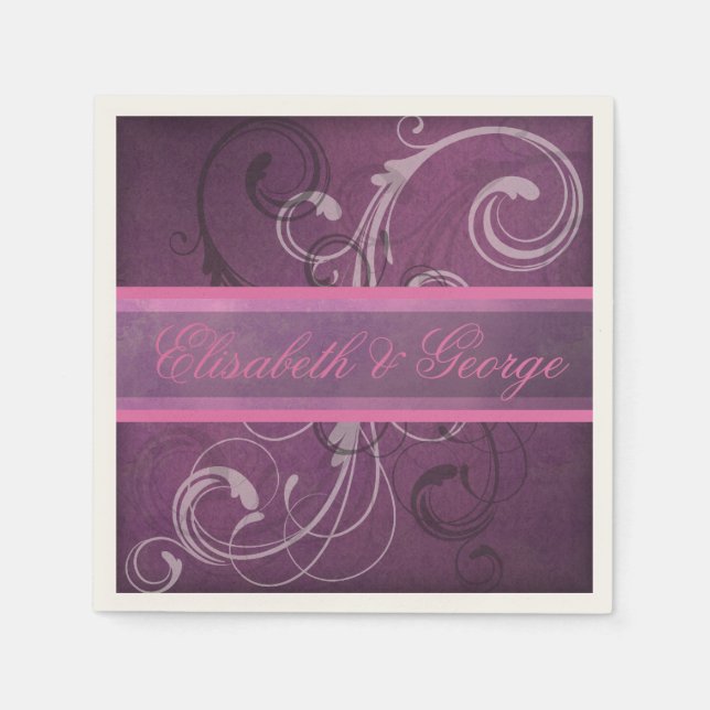 Elegant Royal Purple Grunge Damask Swirls Wedding Napkin (Front)