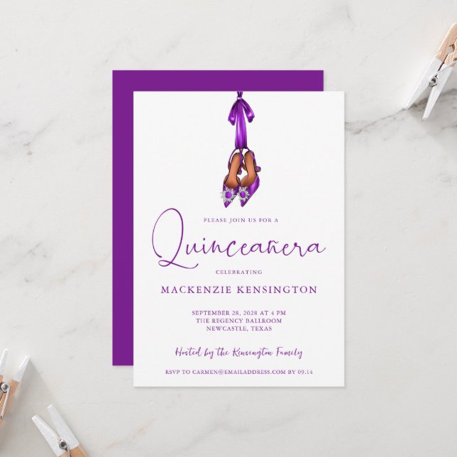Elegant Royal Purple Lux High Heels Quinceañera Invitation (Front/Back In Situ)