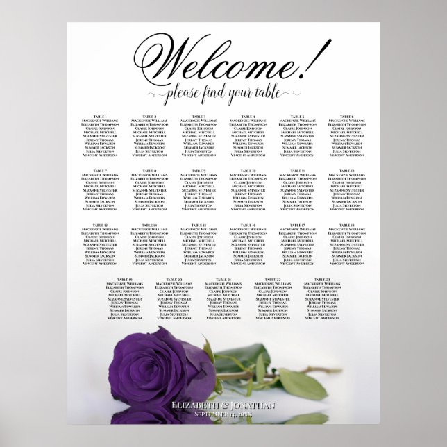 Elegant Royal Purple Rose 23 Table Seating Chart (Front)