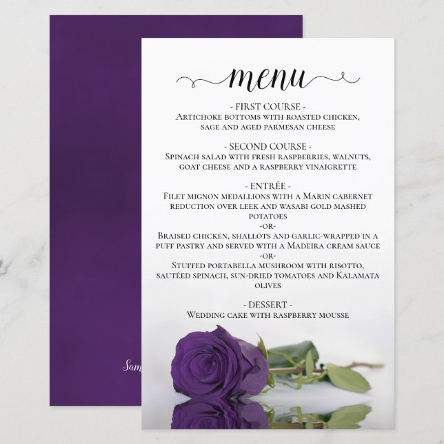 Elegant Royal Purple Rose Budget Wedding Menu (Front/Back)