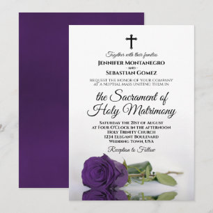 Elegant Royal Purple Rose Modern Catholic Wedding Invitation