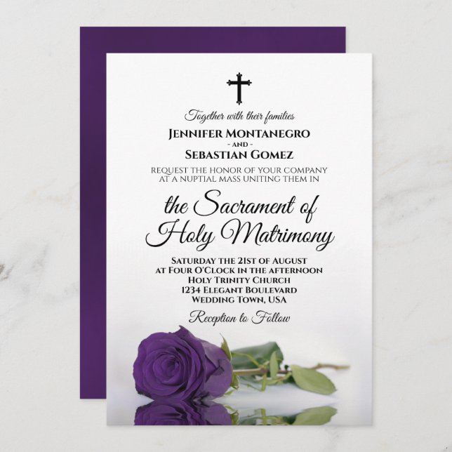 Elegant Royal Purple Rose Modern Catholic Wedding Invitation (Front/Back)