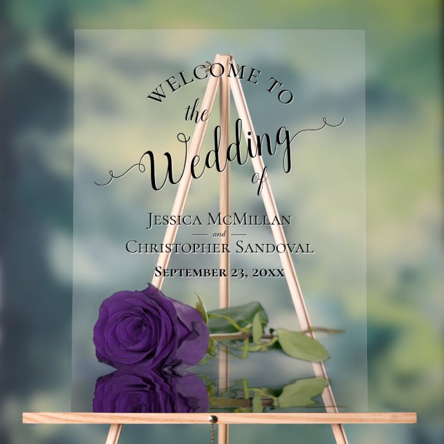 Elegant Royal Purple Rose Romantic Wedding Welcome Acrylic Sign (Neutral)