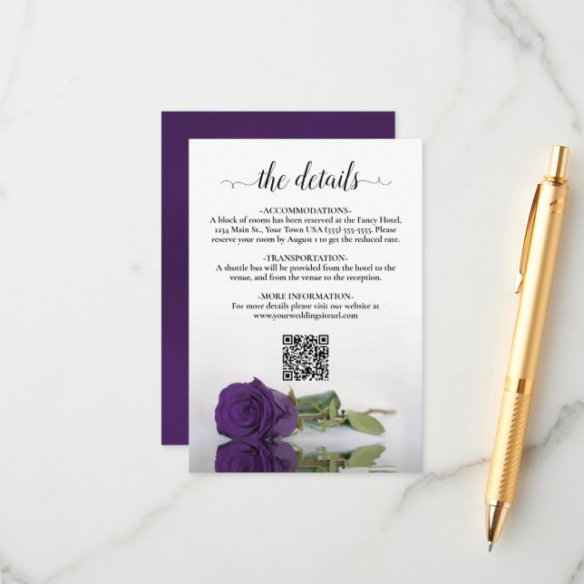 Elegant Royal Purple Rose Wedding Details QR Code Enclosure Card (Front/Back In Situ)