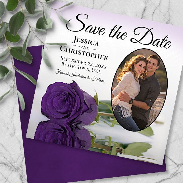Elegant Royal Purple Rose with Oval Photo Wedding Save The Date (Creator Uploaded)