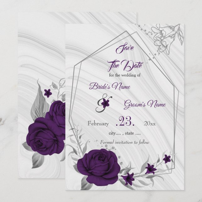 elegant royal purple silver grey floral save the date (Front/Back)