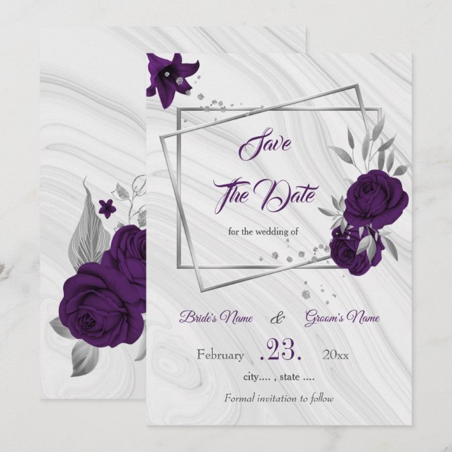 elegant royal purple silver grey floral save the date (Front/Back)
