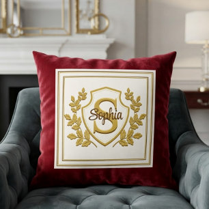 Elegant Royal Red and Gold Crest Monogram Name Cushion