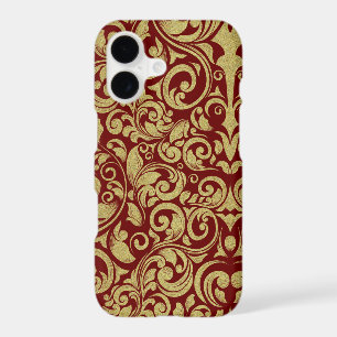 Elegant Royal Red Gold Glitter Damask Floral