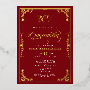 Elegant Royal Red Quinceañera Gold Foil