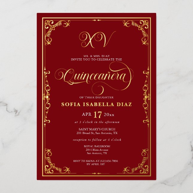 Elegant Royal Red Quinceañera Gold Foil  (Front)