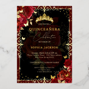 Elegant Royal Red Rose Gold Butterfly Quinceanera